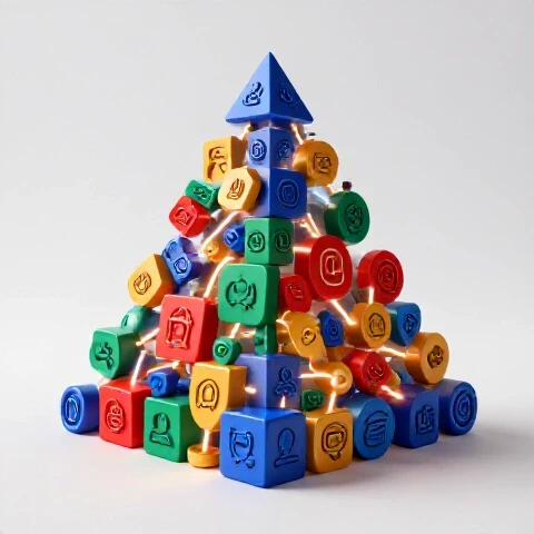 A vivid, multi-tiered pyramid of colorful, abstract creator icons connected by glowing lines on a bright background.