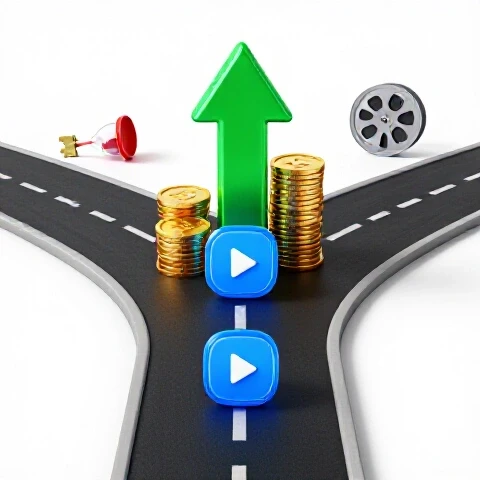 Two diverging paths at a crossroads, one leading to bright YouTube success symbols and the other fading to missed opportunities.