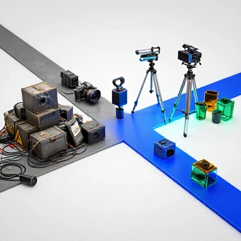 A crossroads with dull, outdated video gear on one path and vibrant, modern equipment on the other, set against a bright background.