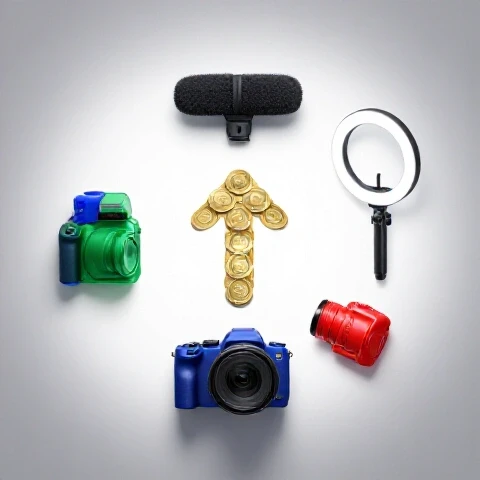 Overhead view of colorful video gear—camera, microphone, ring light—arranged with coins forming an arrow, all on a bright lit background.