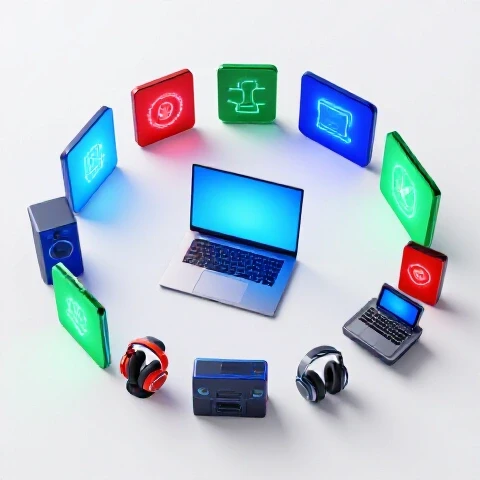 Vivid workspace with bright laptop surrounded by colorful futuristic creator tools and tech gadgets.