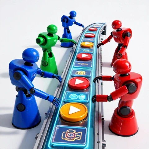 Futuristic robots pass vibrant video icons along a glowing conveyor belt in a bright studio setting.