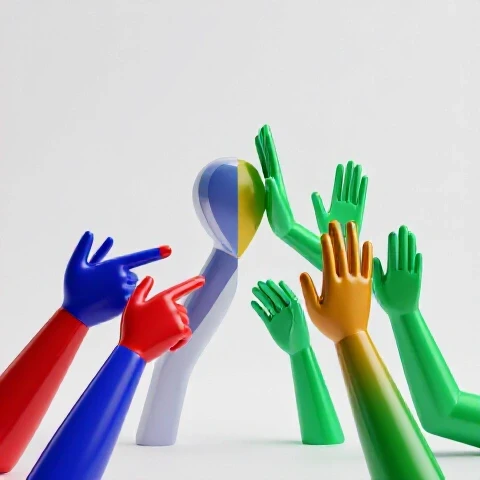 Split scene with pointing hands on one side and transforming high-five hands on the other, set on a bright studio background