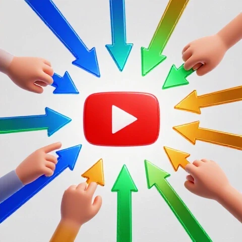 Vibrant red play button surrounded by glowing arrows and colorful hands reaching toward it, set on a bright background.