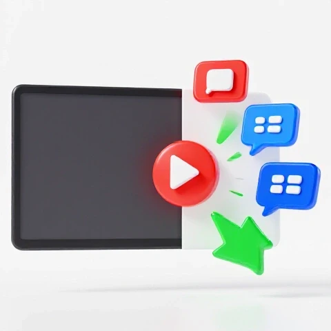 Split scene of a dull video screen beside vibrant like, comment, and share icons exploding from a play button.