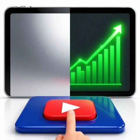 Split-screen image with a finger pressing a red play button beside a rising green engagement graph on bright background