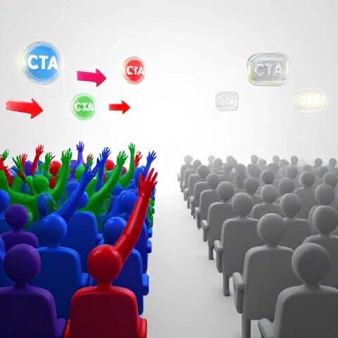 Split scene showing vibrant audience engaging with glowing CTA buttons and passive crowd ignoring dim CTAs.
