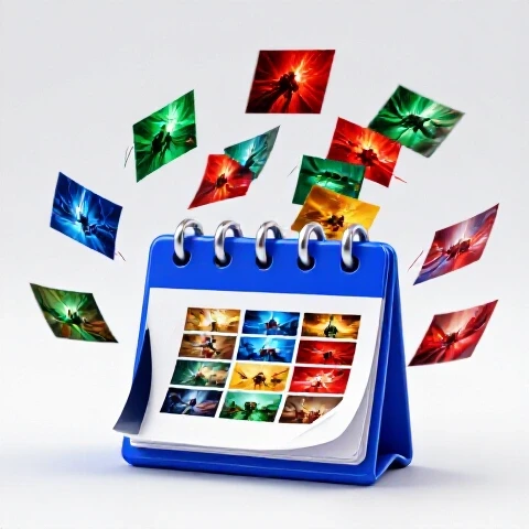 A dynamic calendar with pages flying off, transforming into vibrant video thumbnails surrounded by energetic streaks.