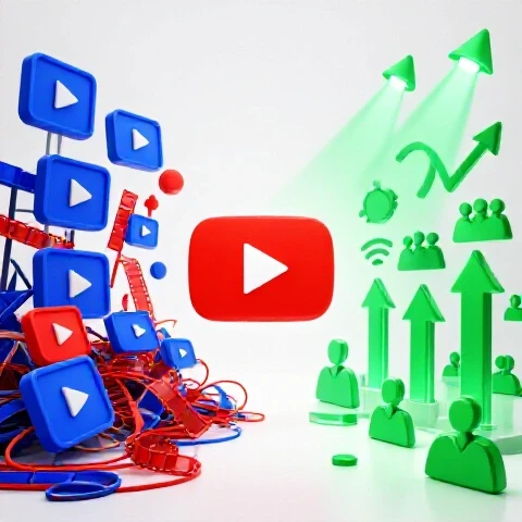 Dramatic split scene with chaotic video icons on one side and vibrant growth symbols on the other side