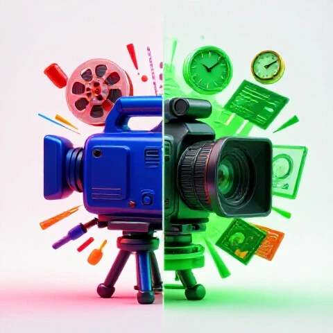 Split-screen image shows vibrant creative camera and tools on one side, and weary camera with clocks, analytics charts on the other.