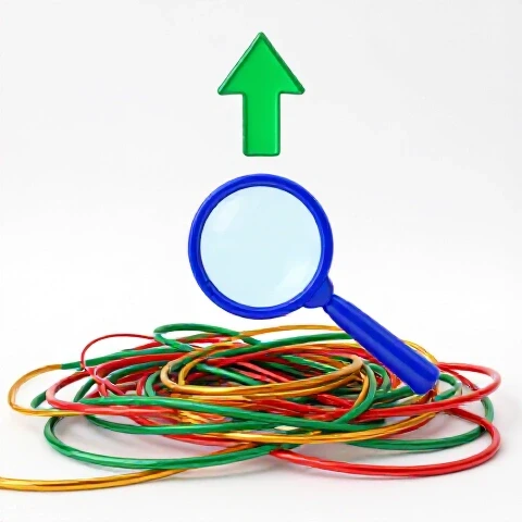 Magnifying glass highlights tangled colored lines transforming into an upward green arrow on a bright background.