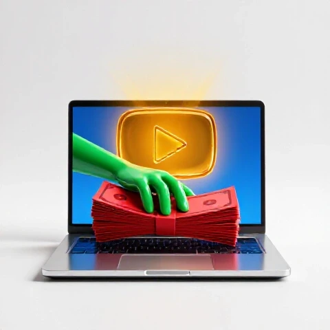 A vibrant hand holding money emerges from a glowing laptop, with a radiant play button in the background.