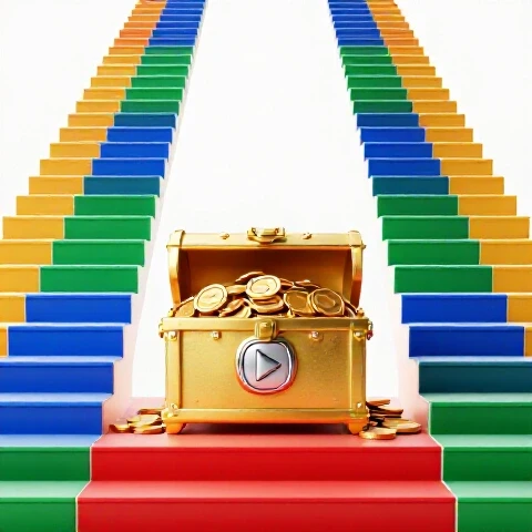 Golden treasure chest with coins and digital play buttons on a staircase of vivid video thumbnails in a bright studio.