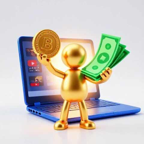 Excited golden figure holding a gold coin and cash in front of glowing laptop with YouTube icons in background