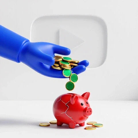 Glossy coins slip from an open hand onto a cracked piggy bank with a shadowy YouTube play button behind.