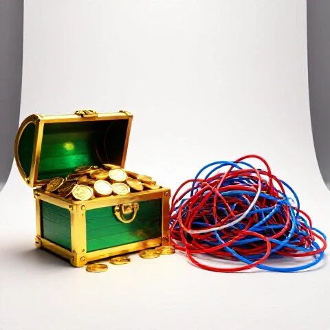 Split image showing a radiant treasure chest filled with gold beside a pile of tangled colorful wires on a bright background.