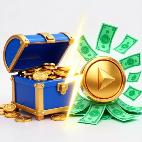 Split-screen of treasure chest overflowing with coins and golden play button with dollar bills, divided by lightning bolt.