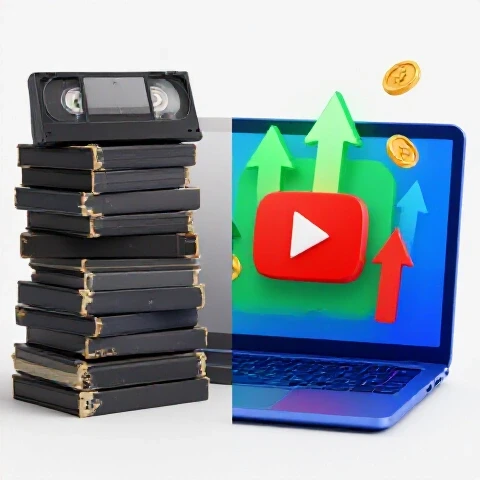 A split-screen of faded old video tapes on one side and a vibrant laptop with growth symbols on the other, set against a bright studio backdrop.