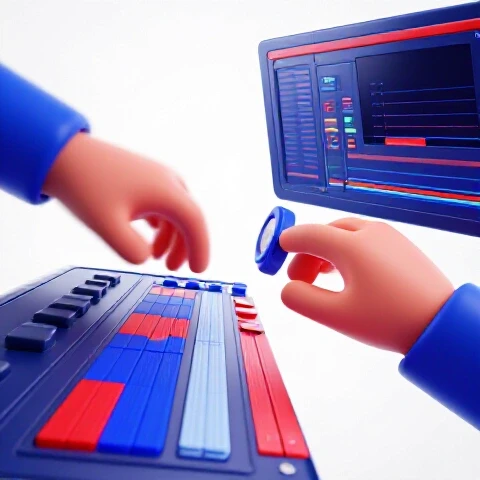 Two hands editing video timelines—one blurred with speed, one sharp for precision—on bright white background.