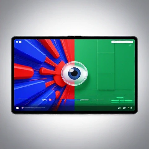 Split-screen YouTube player showing fast-paced edits on one side, minimalist calm edits on the other, with a central glass-like eye symbolizing retention.