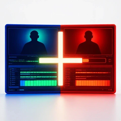 Split-screen of two colorful YouTube editing timelines divided by a glowing countdown bar, on a bright white studio background.