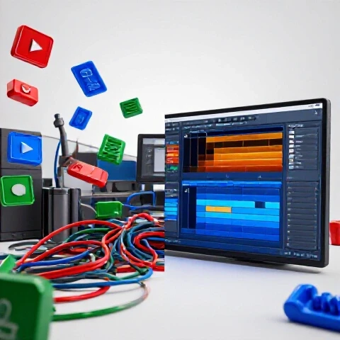 Split-screen scene showing chaotic editing workspace transforming into organized, sleek digital interface