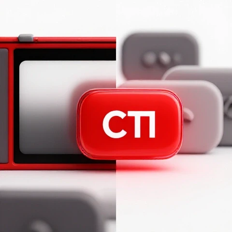 Split screen with a vibrant YouTube video frame transitioning into a glowing red CTA button, surrounded by muted elements on a bright white background.