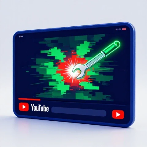 YouTube video player with glitching end screen and a glowing repair tool in a bright studio setting