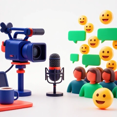 A split scene with a creator's camera and workspace on one side and vibrant audience reactions on the other, set on a bright background.