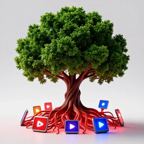 Vibrant green tree with glowing roots connected to bright devices on a clean, luminous background