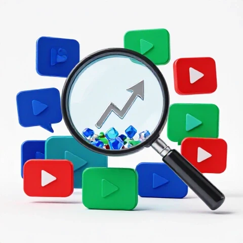 A vibrant magnifying glass highlights hidden gems and bold arrows rising from worn video thumbnails, symbolizing YouTube growth and discovery.