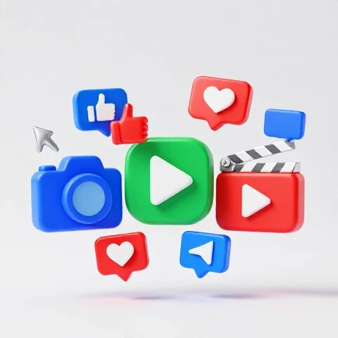 Three bold colored content creator symbols with engagement icons on a bright white background, inviting comparison.