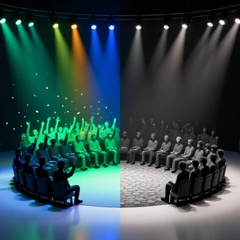 Split-screen of two audience groups: one vibrant and engaged, the other muted and disengaged, against a bright background.