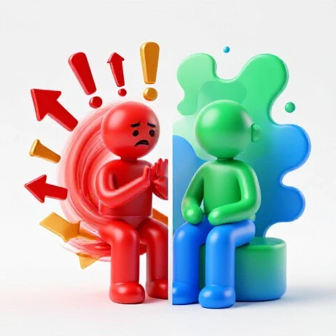 Split scene of abstract viewer overwhelmed by arrows and effects versus calm creator among inviting shapes, on a clean bright background.