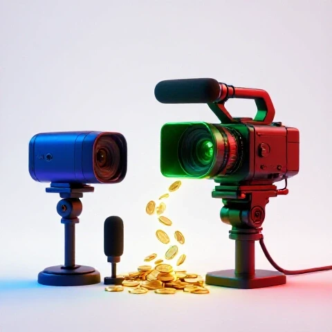 Split image of basic and advanced video gear linked by a glowing gold coin flow on a bright studio background.