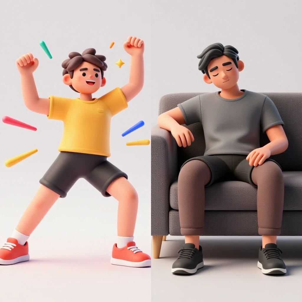 A dynamic split scene showing an energetic person exercising on one side and a tired person on a couch on the other, highlighting contrasts in motivation.
