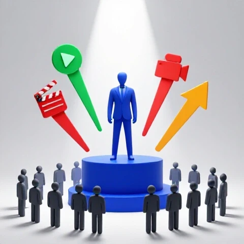 Confident figure elevated on a blue pedestal, surrounded by vibrant video icons and arrows, spotlighted above a crowd.