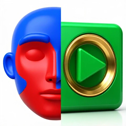 Split-image with vibrant face on one side and bold faceless YouTube symbols on the other, on bright background.