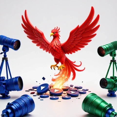A vibrant phoenix rises from broken video play buttons amid scattered camera gear on a bright studio background.
