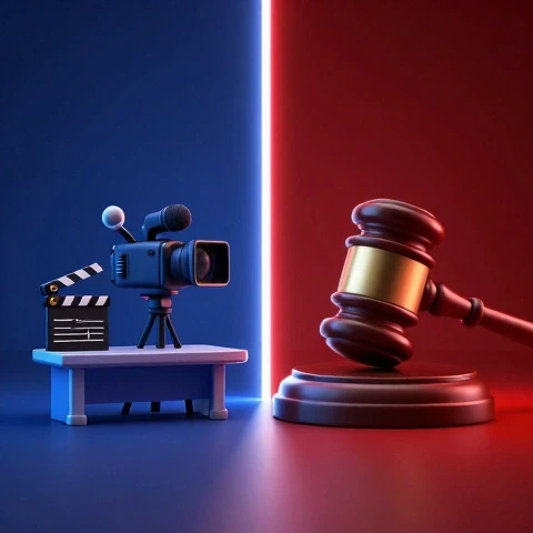 3D split scene of content creator equipment and judge's gavel divided by glowing line, high-contrast dramatic lighting.