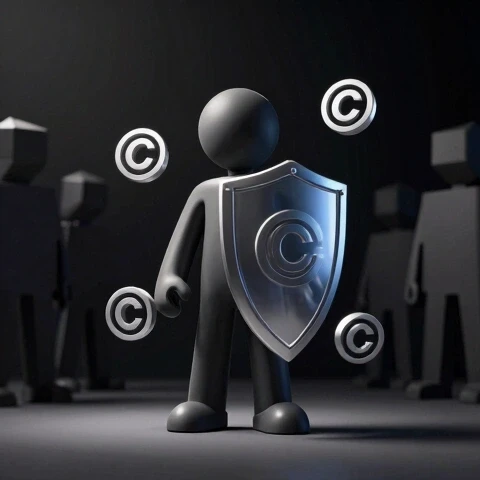3D-rendered central figure with transparent shield deflecting swirling copyright symbols, dramatic lighting, shadowy onlookers in background.