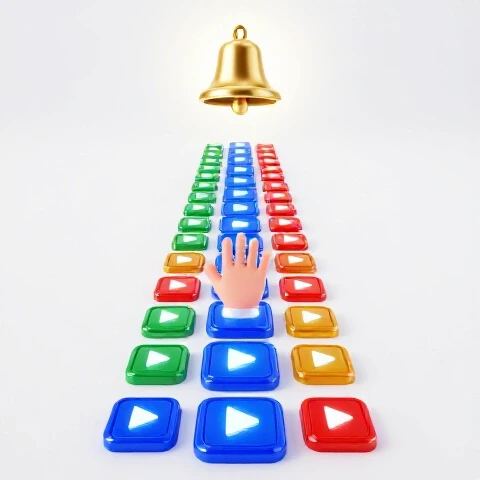 Vivid play buttons form an ascending path toward a glowing gold subscriber bell with a hand reaching upward.
