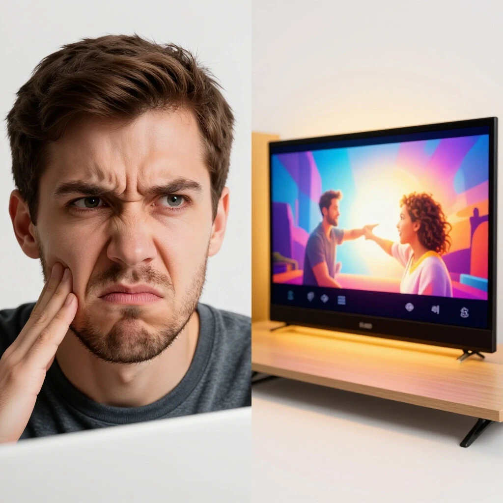 A split image showing frustration with a face on one side and a glowing fullscreen video on the other side, depicting an engaging YouTube experience.