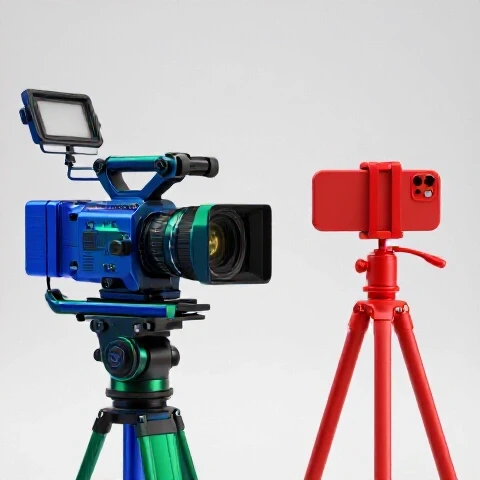 Split-screen of high-end camera gear and basic smartphone setup on a bright studio background, both eye-catching and colorful.