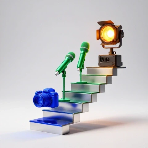 Glossy camera, microphone, and light on ascending steps, glowing brighter on a bright white background