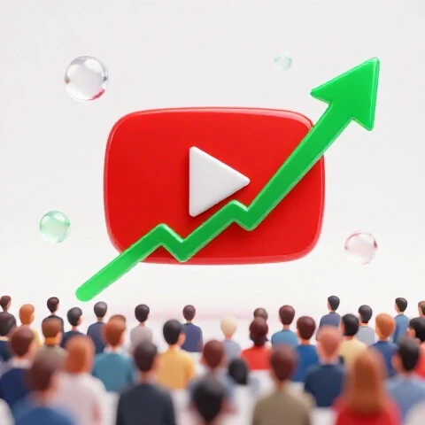 Bright YouTube play button with upward graph arrow and colorful virtual crowd on white background