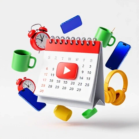 Calendar with highlighted dates and a glowing play button, surrounded by colorful devices and objects on a bright background.