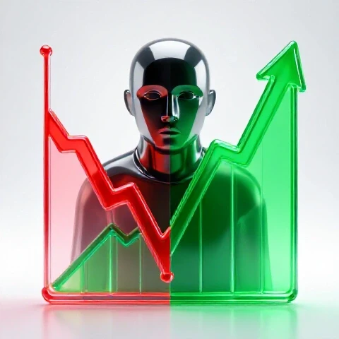 Split-screen 3D chart with a declining red graph on the left, surging green graph on the right, mysterious abstract figure observing data, on a bright studio background.