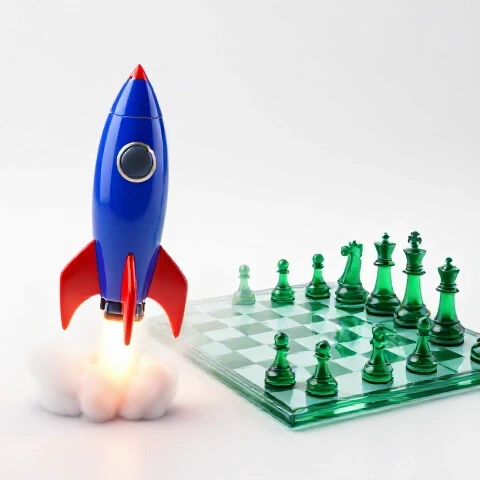 Split image of a vibrant rocket launch and an elegant glass chessboard with deeply colored pieces, both centered on a luminous white background, highlighting the contrast between speed and strategy.