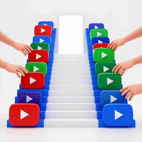 Colorful staircase of video play buttons ascending to a glowing doorway, hands adding new steps, on a bright white background.